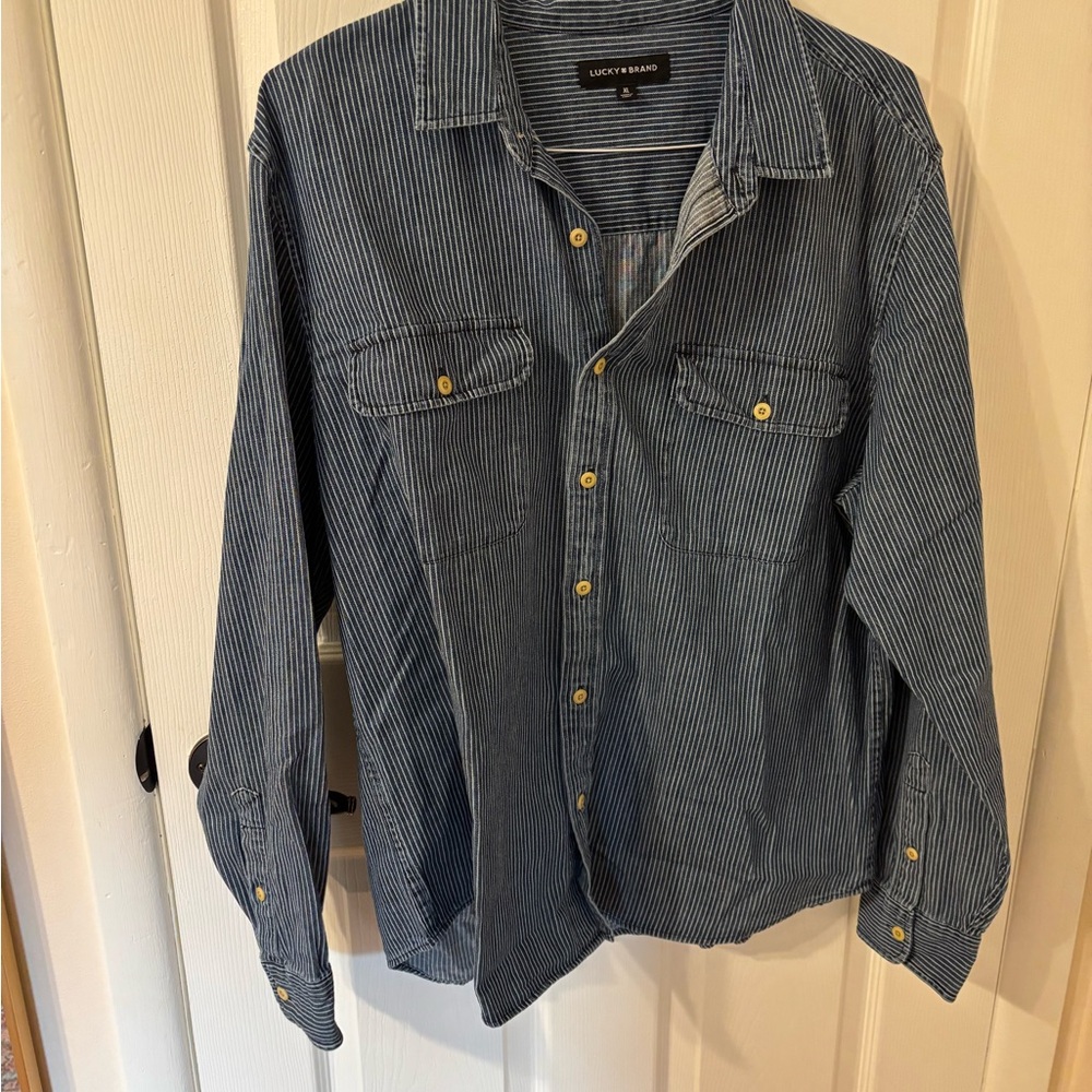 Mens XL Lucky Brand Navy Striped Button Down Shirt